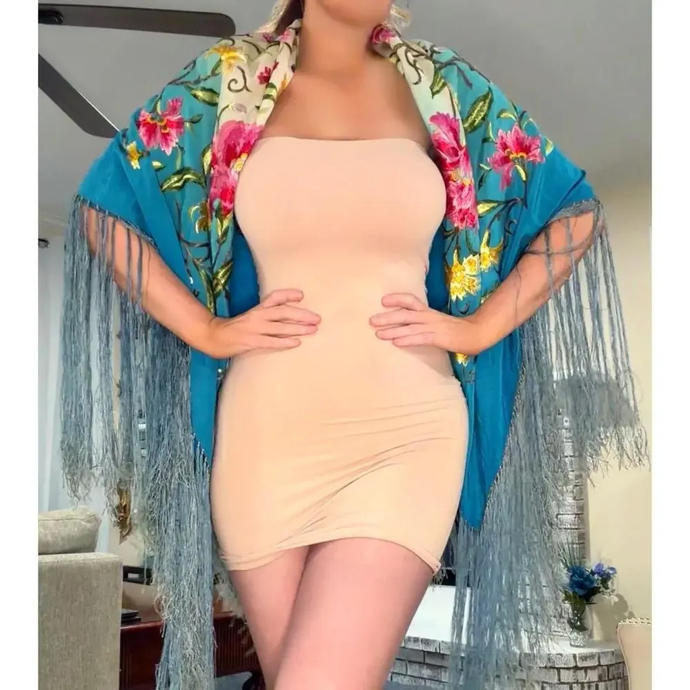 Vintage 1920s Large Piano Shawl • Bright Turquoise Silk • Dense Floral Embroide